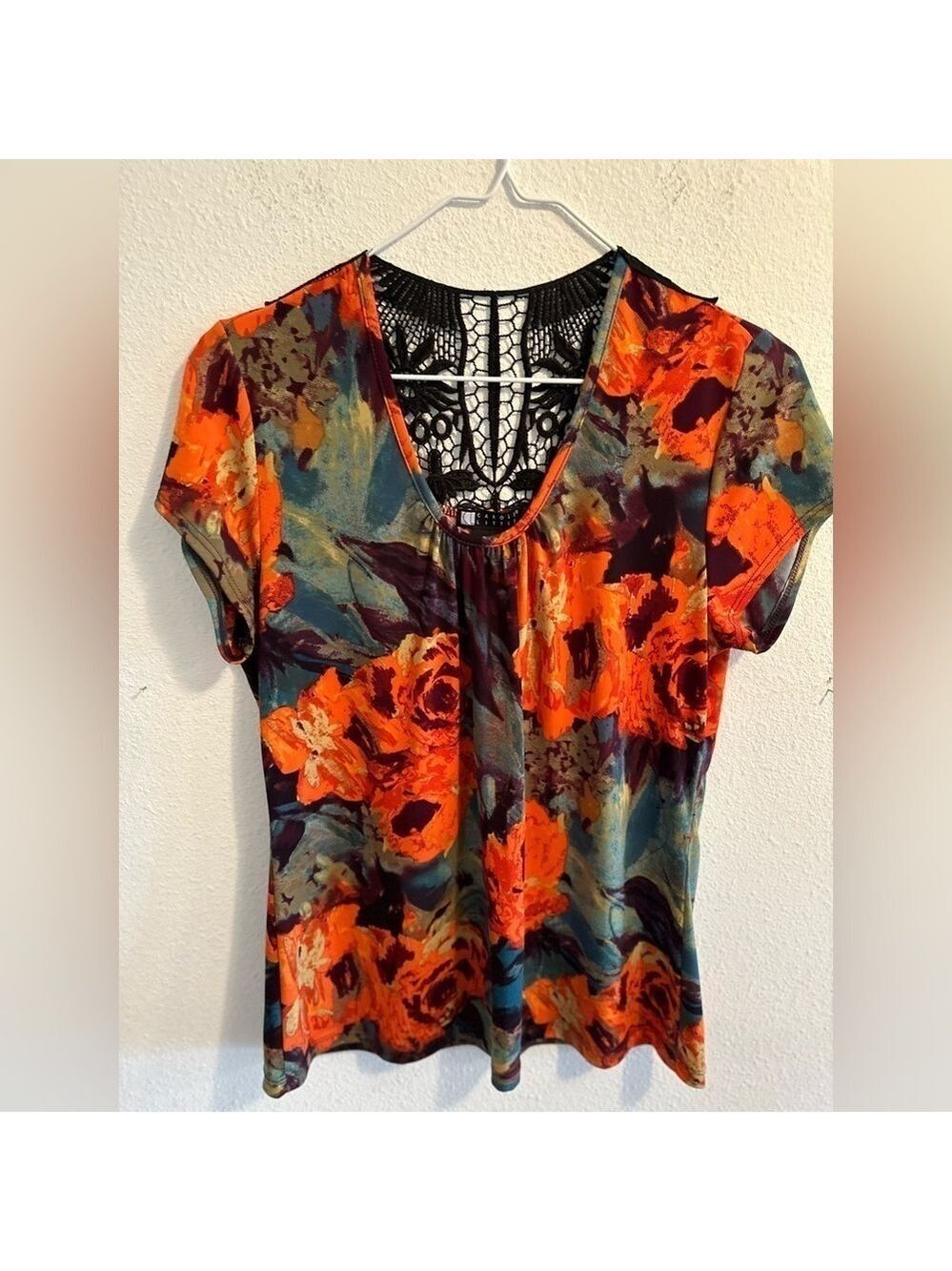 Fall Festival Whimsgoth Blouse Orange & Black Lace Sheer Back Womens Medium - Picture 6 of 13